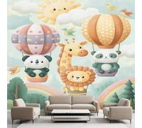 Papier Peint Panoramique Safari Mignon Dessin Animé, Animal Jungle Enfant Papier Peint Adhesif Mural Wallpaper Pour Salon Chambre Décoration Murale 250 x 175 cm
