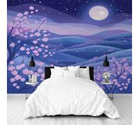 Papier Peint Panoramique Salon Japonais Fleurs de Cerisier Papier Peint 3D Intissé Ciel Nocturne Pleine Lune Décoration Murale Salle de Bain Interieur Imperméable pour Salon et Chambre 500x280 cm