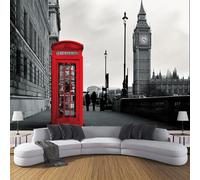 Papier Peint Panoramique Scène Big Ben Street 350x250cm Tapisserie Panoramique Les Bâtiments Emblématiques Londres Tableaux Muraux Murale Décoration pour Salon, Chambre à Coucher TV Fond, Gris