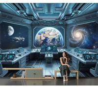Papier Peint Panoramique Science-Fiction Spatiale 300x210cm | Fresque Murales Panneau Commande Capsule Spatiale Papier Peint Tissu de Soie, Décoration Murale pour Salon, Chambre, Chambre d'enfant,