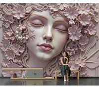Papier Peint Panoramique Sculpture Florale D'Une Jeune Fille 200x140cm - Mural Art En Relief Tridimensionnel Tableaux Muraux Poster Geant Mural Tapisserie Décorative pour Salon Chambre Fond Tv, Rose