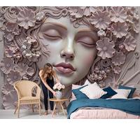 Papier Peint Panoramique Sculpture Florale D'Une Jeune Fille 350x250cm - Mural Art En Relief Tridimensionnel Tableaux Muraux Poster Geant Mural Tapisserie Décorative pour Salon Chambre Fond Tv, Rose