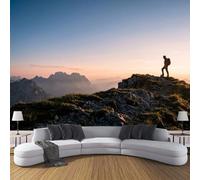Papier Peint Panoramique Silhouette D'Alpiniste, 400x280cm Poster Geant Mural 3D Coucher Soleil Au Sommet Montagne Tapisserie Soie Décoration Murale pour Salon Chambre à Coucher Fond TV, Rose Orange