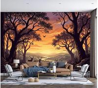 Papier Peint Panoramique Silhouettes D'Arbres Troupeaux De Cerfs Coucher De Soleil 200x140cm - Revêtement Mural Décor Pour Chambre Salon Cuisine - Paysage Forestier De Rêve Décor Photo Murale, Orange