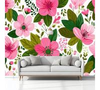 Papier Peint Panoramique Simple Champêtre Floral Plantes Illustration 300 x 210 cm - Rose Poster Géant Mural Intissé Effet 3D Trompe l'œil - Décoration pour Salon, Chambre d'Enfant & Salle à Manger