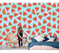 Papier Peint Panoramique Soie, 250x175cm Grandes Poster Tranches Pastèque Fresque Murale Dessins Mignons Dessinés À La Main Tapisserie Photo Décoration Murale pour Salon, Chambre, Fond TV, Bleu Ciel
