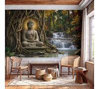 Papier Peint Panoramique Soie Arbre De La Bodhi Statue De Bouddha Cascade 400x280cm | Papier Peint Mural Guérison Naturelle Style Zen Pour Salon Et Chambre à Coucher TV Fond Décoration - Brun