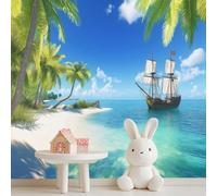 Papier Peint Panoramique Soie Modèle Tropical Île de plage Palmier, 200 x 140 cm Tapisserie Home Décorative pour Chambre Salon, Vert Papier Peint Panoramique 3D Bureau Canapé Chambre Fond