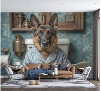 Papier Peint Panoramique Soie Motif Berger Allemand Lisant Le Journal, Murales Panoramique Portrait D'Animal Anthropomorphe, Décoration Murale Pour Salon Chambre Restaurant Décoration 400x280cm