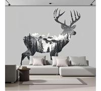 Papier Peint Panoramique Soie Motif Silhouette De Cerf De Montagne En Forêt, Murales Panoramique Effet De Double Exposition, Décoration Murale Pour Salon Chambre Restaurant Décoration 250x175cm