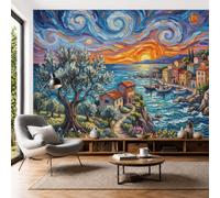 Papier Peint Panoramique Soie peinture à l'huile abstraite, Décoration Murale | Papier Peint Rivière au bord la mer et au ciel étoilé pour Salon Chambre Bureau, Décoration Photo Murales 250x175cm