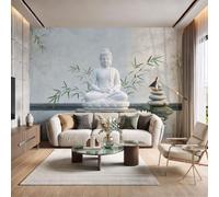 Papier Peint Panoramique Soie Style minimaliste zen, Décoration Murale|Papier Peint Statues de Bouddha, feuilles de bambou et tas de pierres pour Salon Chambre Bureau, Déco Murale Maison250x175cm