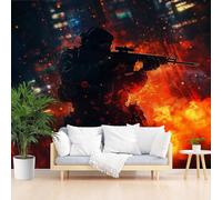 Papier Peint Panoramique Soldat Armé Avec Fusil Papier Peint Intissé Scène de Guerre À Thème Militaire Tapisserie Panoramique Salon, Décoration Murale Chambre, 400x280cm(L x H)