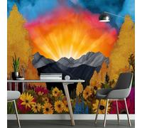 Papier peint panoramique soleil montagnes fleurs plantes, photo mural moderne 350L x 256H cm - Papier peint décoration de maison style fantastique pour salon, chambre, chambre des enfants, bureau