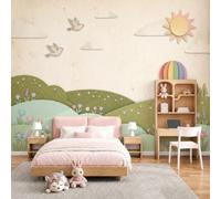 Papier Peint Panoramique Soleil Montgolfière Collines Murale Soie 400x280cm | Papier Peint Paysage Pastoral De Dessin Animé, Décoration Murale Poster Tableaux Muraux Imprimé Pour Chambre Salon Mange