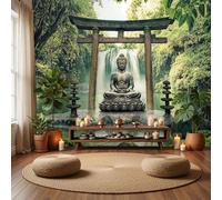 Papier Peint Panoramique Statue Bouddha Sur Socle Lotus Poster Geant Mural Statue Méditation Forêt Papier Peint Soie Vert Émeraude Fresque Murale pour Salon Canapé TV Fond Décoration, 250x175cm