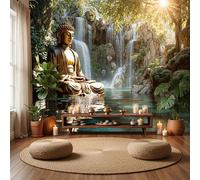 Papier Peint Panoramique Statue Mystérieuse De Bouddha 250x175cm - Papier Peint Soie Cascade En Forêt - Poster Geant Mural 3D - Décoration Murale pour Salon Chambre d'enfants restaurant, Jaune-Vert