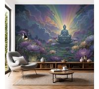 Papier Peint Panoramique Statue Zen L'Étang Lotus, Papier Peint Ciel Étoilé Psychédélique Zen Soie Tapisserie Violet Profond Décoration Murale pour Salon, Chambre, Bureau, Salle à Manger 450x315cm