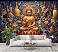 Papier Peint Panoramique Statues Orientales Temples Bleu Foncé | 250X175Cm, Fresque Murale Intissé Paysage Grotte D'Inspiration Zen, Papier Peint Pour Salon Chambre D'Enfants Décoration Murale
