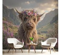 Papier Peint Panoramique Style Animalier Rural Soie, 300x210cm - Papier Peint Bovins Des Highlands Fleurs Sauvages Alpines Grandes Murales Poster pour Salon, Adulte Chambre d'enfants, Étude Décoration