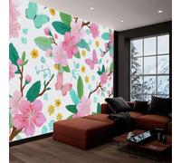 Papier peint panoramique style aquarelle 200L x 140H cm, Tapisserie mural décoration salon - Papier peint design moderne coloré dessin animé fleur papillon pour chambre d'enfant décoration murale