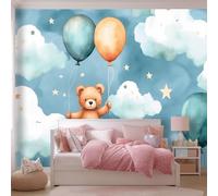 Papier Peint Panoramique Style Aquarelle Motif Ours En Peluche, 250 x 175 cm Bleu Papier Peint Intissé Personnalisé Photo Murale pour Salon Chambre d'enfants restaurant Appartement Décoration Murale