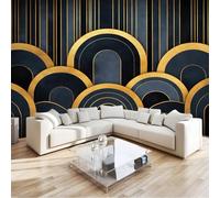 Papier Peint Panoramique Style Art Déco, Noir Mural Xxl Noir Et Or Géométrique Arche 350 X 256 Cm Moderne Mural Pour Chambre D'Enfant - Papier Peint Photo Non Tissé