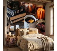 Papier Peint Panoramique Style Automnal, Café Citrouille Feuilles D'Érable Photo Décoration Murale, Brun Papier Peint Intisse Poster Tableaux, Pour Salon Chambre à Coucher Cuisine 400 x 280 cm