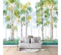 Papier Peint Panoramique Style Cartoon Papier Peint Intissé 200 x 140 cm, pour Mur Salon Cuisine Bain Couloir Salle à Mange Feuilles De Forêt Aquarelles Herbe