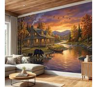 Papier Peint Panoramique Style Cottage De Campagne 400 x 280 cm, Ours Au Bord De La Rivière Maison En Bois Papier Peint Salon Chambre, Couleur Orange Tapisserie Panoramique Pour Cuisine Salle à Manger