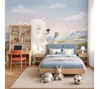 Papier Peint Panoramique Style de guérison des contes de fées, Papier Peint Ours polaire de dessin animé, Fresque Murale Soie Blanc Décoration XXL Murale Pour Salon, Chambre, Bureau 250x175cm