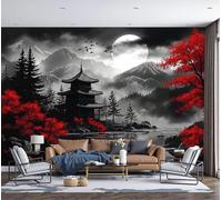 Papier Peint panoramique Style de peinture à l'encre oriental Oiseaux volants de la montagne de la pagode 450x315cm, Soie Moderne Décoration Murale Salon Chambre à Coucher Bureau Salle Enfants Noir
