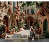 Papier Peint panoramique Style de photographie architecturale Fleurs de cour de petite ville 400x280cm, Soie XXL Moderne Décoration Murale Salon Chambre à Coucher Bureau Salle Enfants, Couleur Beige