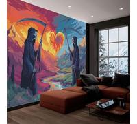 Papier peint panoramique style dessin animé 400L x 280H cm, Tapisserie mural décoration salon - Papier peint design moderne mort montagne cœur pour chambre chambre d'enfant décoration murale