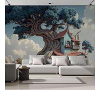 Papier Peint Panoramique Style Dessin Animé 450x356cm - Décoration murale moderne - fond Chambre des Enfants Bureau Décoration de Maison - La Cabane Dans Les Arbres Des Contes De Fées - Bleu-Gris