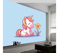 Papier peint panoramique style dessin animé 500L x 280H cm, Tapisserie mural décoration salon - Papier peint design moderne animaux licorne fleurs pour chambre chambre d'enfant décoration murale