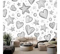 Papier Peint Panoramique Style Dessin Animé Géométrique Étoiles Cœurs Papier Peint Intissé Minimaliste Tapisserie Poster Mural pour Salon Chambre Décoration Murale 350(L) x 256(H) cm