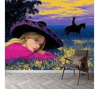 Papier peint panoramique Style Dessin Animé, papier peint Champ de Fleurs Fille Cheval amovible imperméable - fresque murale facile à poser - décoration murale pour salon chambre enfant, 250 x 175 cm