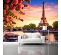 Papier Peint Panoramique Style Européen Romantique 3D Intissé - 350 X 256 Cm Artistique Grand Format Poster Mural Décoratif Pour Salon Chambre Rose Tour Eiffel Bateau De Croisière