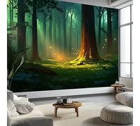 Papier Peint Panoramique Style Fantastique Forêt Magique Lumière Et Ombre Poster Geant Mural 400x280 cm, pour Salon Chambre Chambre D'enfants Restaurant Décoration Murale, Vert Foncé