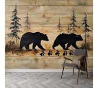 Papier peint panoramique style ferme vintage 250L x 175H cm, Tapisserie mural décoration salon - Papier peint design moderne forêt grain de bois ours silhouette pour chambre chambre d'enfant murale