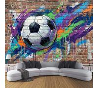 Papier Peint Panoramique Style Graffiti De Rue 400 x 280 cm, Coloré Papier Peint photo non tissé, Mur De Briques Ballon De Football Peinture Murales Poster pour Salon Chambre d'enfants Bureau Décor