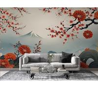 Papier Peint Panoramique Style Japonais 350cm x 256cm Fleur de Prunier Intissé Wallpaper Chambre Bureau Décor Motif Personnalisé Décoration Murale Vert Foncé -Ab88