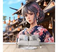 Papier Peint Panoramique Style Japonais Effet 3D Fille Japonaise Mural 300x210 cm Non Tissé Imperméable et Durable Facile à Nettoyer Pas de Support Adhésif pour Café Couloir Chambre d'enfants Hôtel