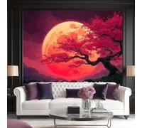 Papier Peint Panoramique Style japonais Fantastique Lune Cerisiers fleurs Intissé Tapisserie Poster Mural Coloré Décoration Murale 300 x 210 cm pour Fresque Murale 3D HD pour Salon Chambre Cuisine