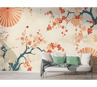 Papier Peint Panoramique Style Japonais Fleur De Cerisier - Papier Peint Intissé Autocollant - Aquarelle Branche De Fleur Décoration Murale - Adhésif Mural pour Salon Chambre, 200x140 cm - F-301