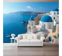 Papier Peint Panoramique Style Méditerranéen Architecture Vue Sur La Mer 3D Intissé - 300 X 210 Cm, Artistique Grand Format, Poster Mural Décoratif Pour Salon Chambre Adulte Maison Bleu Blanc