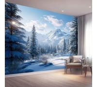 Papier Peint Panoramique Style Nordique - Revêtement Mural Décoration Salon - Montagnes Bleues Enneigées Sapins - Papier Peint Murale Poster Photo Pour Chambre Enfant Chambre, 250 x 175 cm