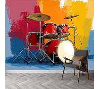 Papier Peint Panoramique Style Peintre, Papier Peint Dessin Animé Musique Batterie Poster Mural Géant - Fresque Murale Moderne pour Salon Chambre d’Enfants Restaurant, 300 x 210 cm (L x H)