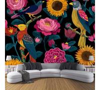 Papier Peint Panoramique Style Richard Scarry Soie, 350×256cm,Rose Tournesol Oiseau Poster Geant Mural Personnalisé 3D pour Salon Chambre Restaurant Étude Décoration Murale, Bleu Foncé